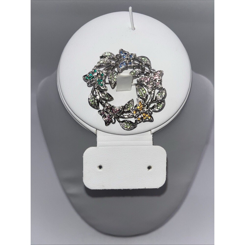 CAMROSE & KROSS JBK SILVERTONE RHINESTONE BUTTERFLIES WREATH BROOCH PIN